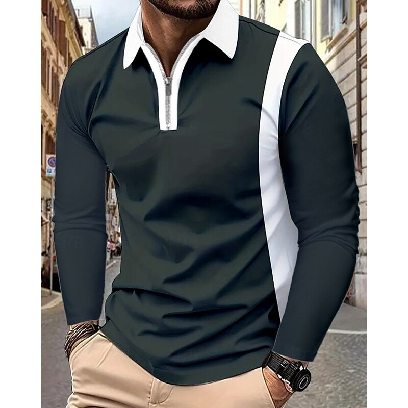 Men's Quarter Zip Polo Golf Shirt Daily Holiday Quarter Zip Long Sleeve Fashion Modern Color Block Patchwork Spring &  Fall Regular Fit Black White Wine Navy Blue Light Grey Dark Gray Quarter Zip Polo4