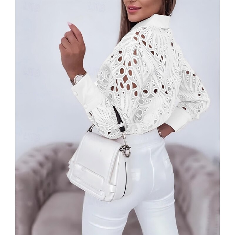 Blouse Women's Black White Dusty Rose Hollow Solid / Plain Color Hole Daily Elegant Lace V Neck S2