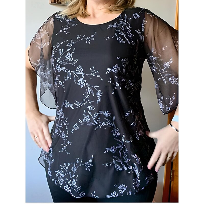 Women's Shirt Blouse Floral Casual 3/4 Length Sleeve Crew Neck Regular Tops Daily Mesh Patchwork Print Black Wine Blue Summer Spring4