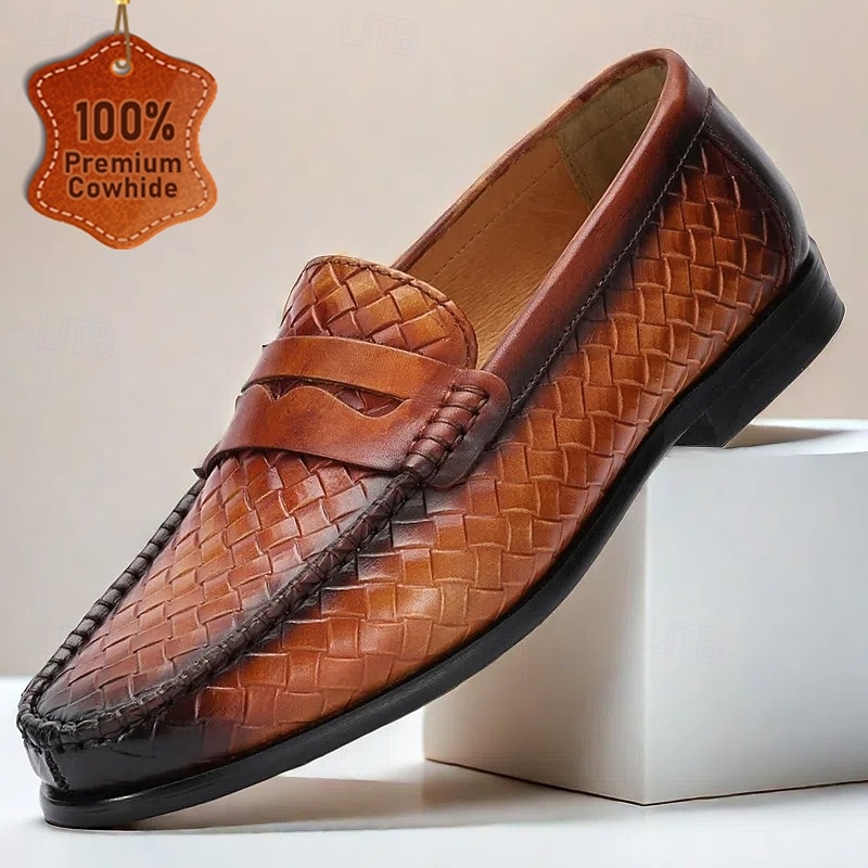 Men's Premium Cowhide Leather Woven Loafers with Stylish Accent – Comfortable Formal Footwear for Business and Special Occasions