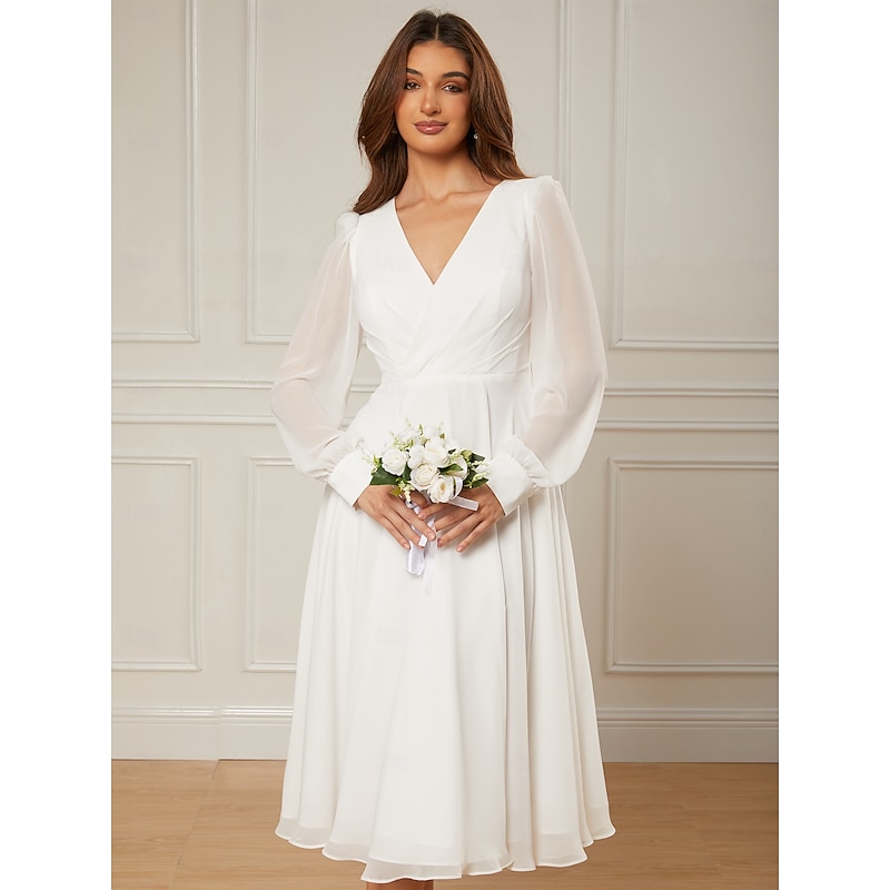 Wedding Dresses Beach Wedding A-Line V Neck Long Sleeve Ankle Length Chiffon Bridal Gowns With Solid Color