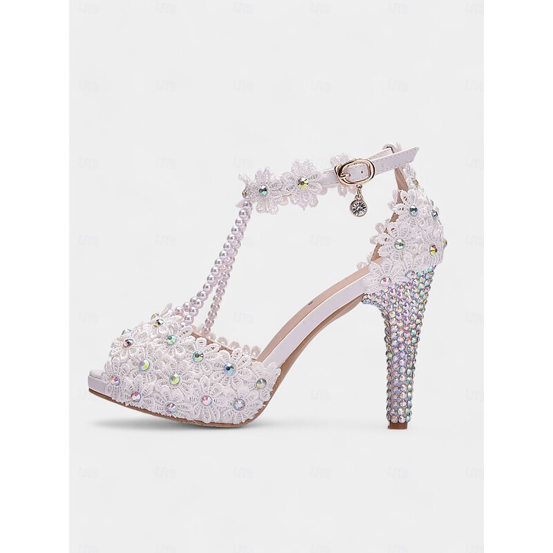 White Floral Lace Pearl-Decorated T-Strap Bridal Sandals - Elegant Women's Wedding Shoes4