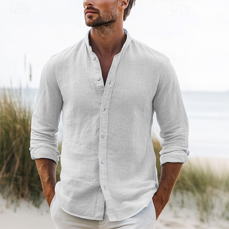 Men's Shirt Summer Shirt Button Up Shirt Black White Pink Long Sleeve Plain Band Collar Spring & Summer Vacation Casual Clothing Apparel3