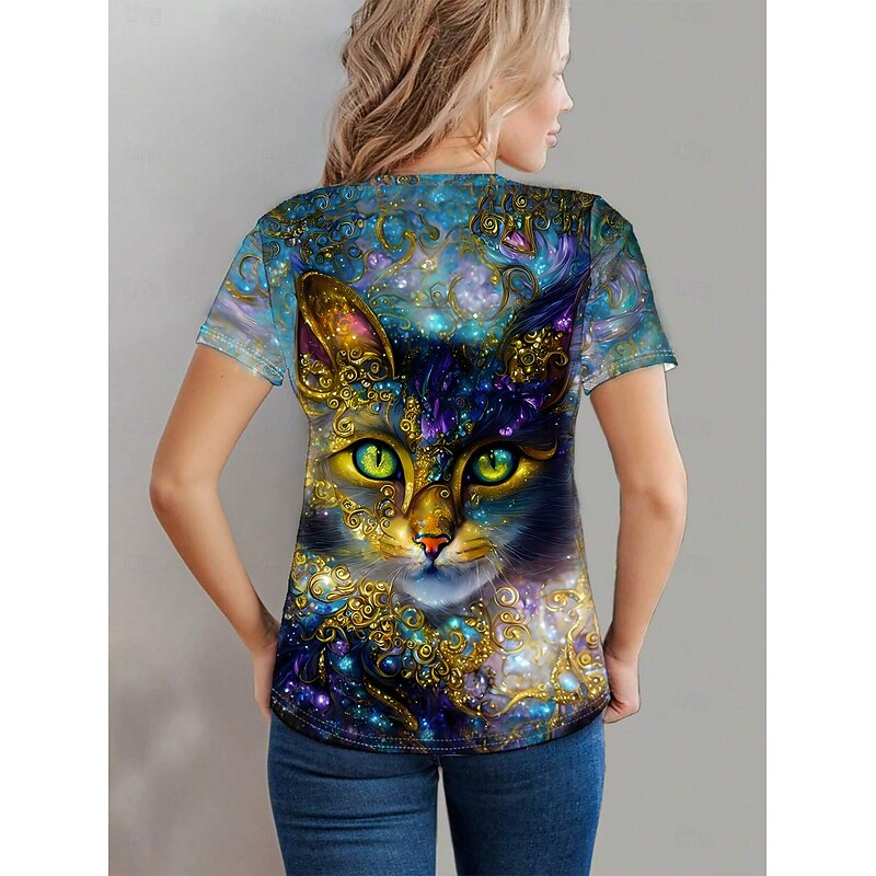 Women's T Shirt Cat Casual Short Sleeve Round Neck Regular Tops Daily Print Blue Summer Spring2
