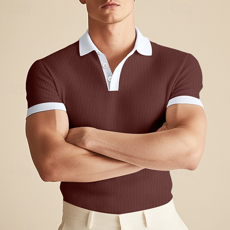 Men's Golf Shirt Knit Polo Business Casual Classic Short Sleeve Fashion Solid Color Buttons Knitted Summer Spring Regular Fit White Wine khaki Light Blue Gray Golf Shirt3