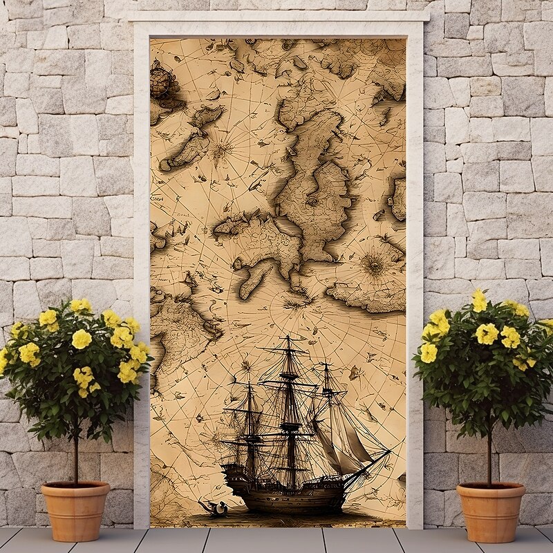 Door Decorations Door Covers Vintage Nautical Map Pirate Door Tapestry Door Curtain Decoration Backdrop Indoor/Outdoor Door Banner for Front Door Farmhouse4