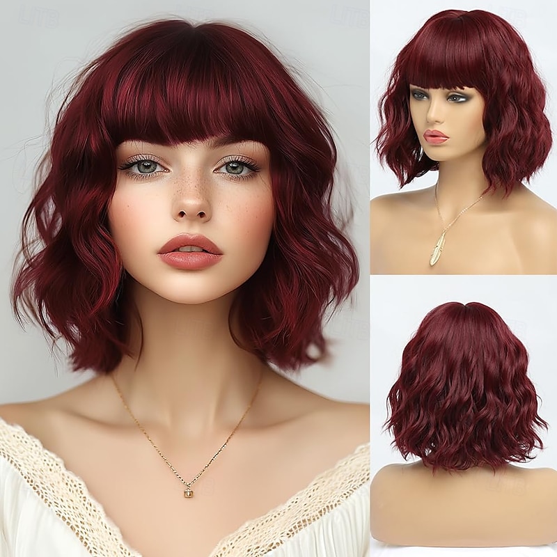 Short Wigs for Women Wavy Wig with Bangs Bob Wig Synthetic Hair Water Wave Medium Length Colorful Wigs for Daily Party3