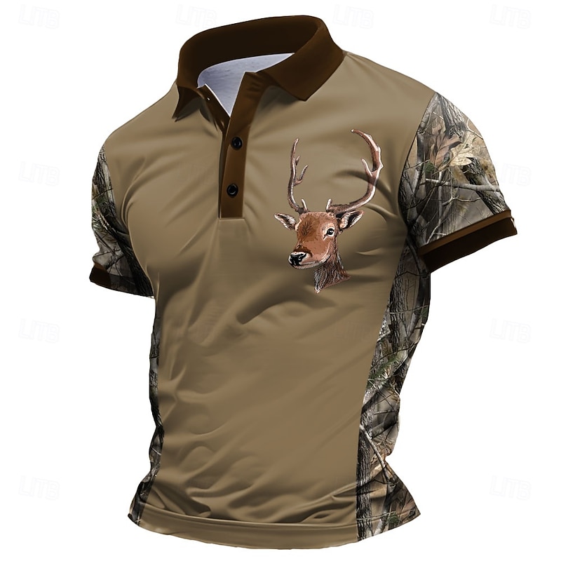 Men's Deer Polo Short Sleeve Polo Shirts Collared Shirts Casual School Outdoor Daily Wear Home Wear 3D Print Summer Spring Fall Black Brown Gray3