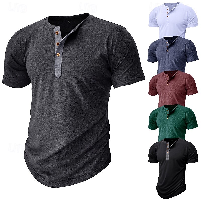 Men's T Shirt Henley Shirt Tee Top Short Sleeve Plain Fashion Designer Basic Button Up Henley Vacation Street Going out Spring & Summer Black White Light Green Henley T-Shirt