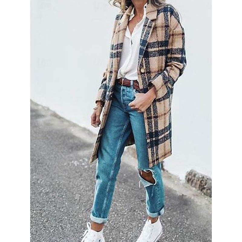 Women's Winter Coat Coat Windproof Warm Pocket Casual Street Style Plaid Vacation Work Street Daily Wear Single Breasted Turndown Loose Fit Long Sleeve Outerwear Apricot Fall Winter2