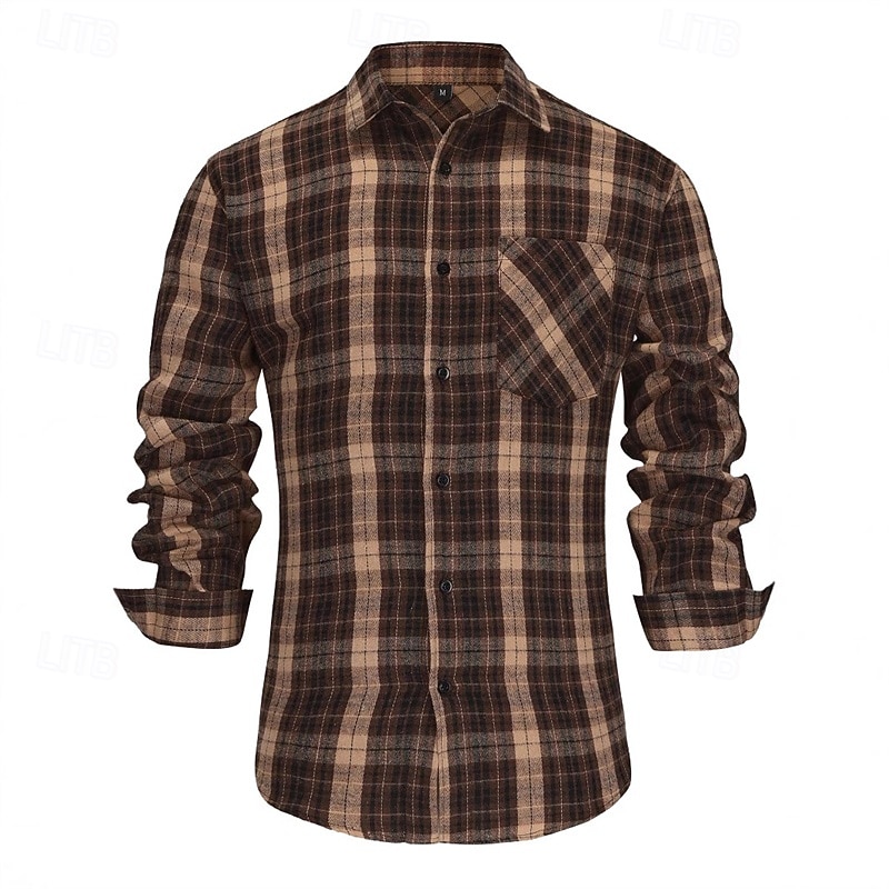 Men's Shirt Summer Shirt Casual Shirt Beach Shirt Button Up Shirt Checked Shirts Coffee Long Sleeve Plaid Lapel Vacation Hawaiian Button-Down Clothing Apparel Fashion Casual Comfortable