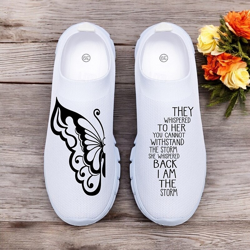 Women's Inspirational Butterfly Khaki Fly-knit Slip-On Sneakers - Lightweight Comfortable Athletic Shoes for Casual Wear and Fitness Activities