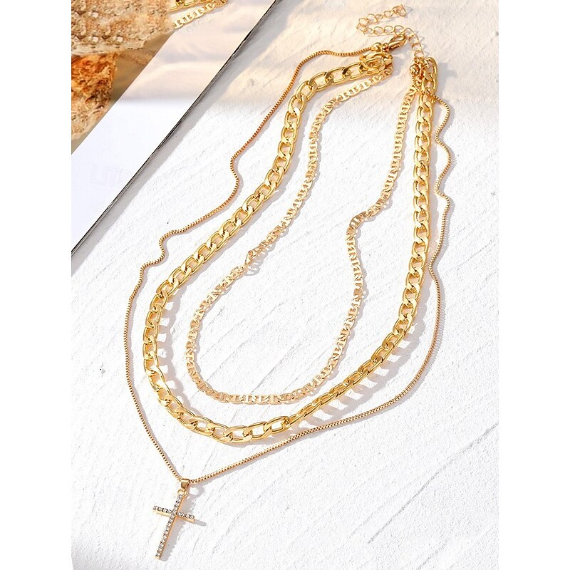 Layered Gold Chain Necklace Set with Cross Pendant and Simulated Rhinestone Accents – Fashionable Jewelry for Women, Perfect for Parties, Everyday Wear, and Special Occasions4