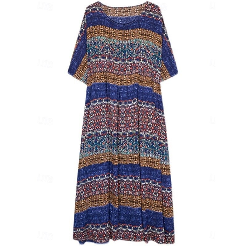 Women's Maxi Dress Casual Dress Boho Dress Bohemia Vintage Casual Vacation Daily Loose Fit Graphic 3/4 Length Sleeve Crew Neck Yellow Blue Spring Fall2