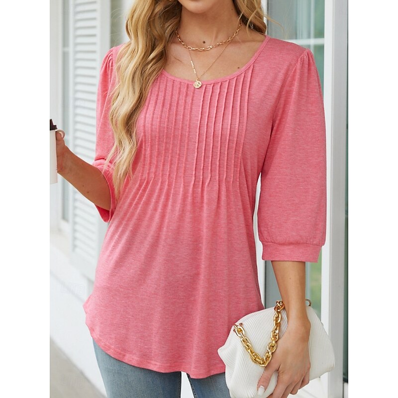 Women's Shirt Blouse Solid Color Basic Casual 3/4 Length Sleeve Crew Neck Regular Tops Daily Ruched Black White Pink Summer Spring4