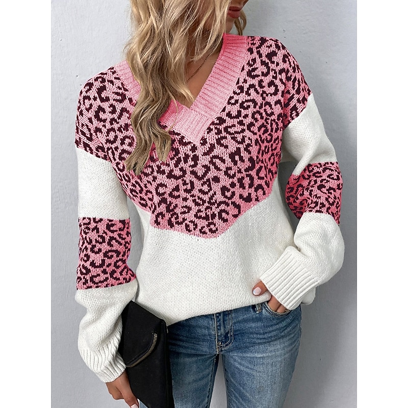 Women's Sweater Casual Soft Leopard Ribbed V Neck Knitted Long Sleeve Regular Tops Knit Outdoor Daily Weekend Pink Blue Fall Winter2