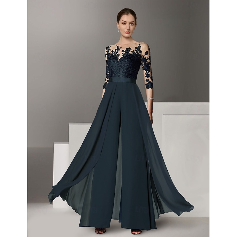 Jumpsuit Mother of the Bride Formal Wedding Guest Elegant Party Scoop Neck Ankle Length Chiffon Lace 3/4 Length Sleeve with Appliques