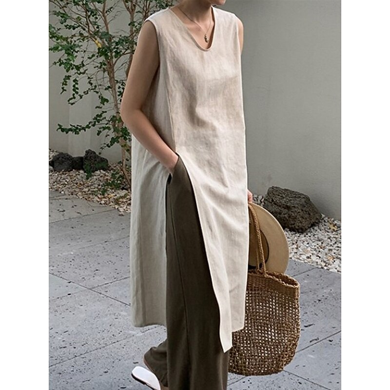 Women's Normal Midi Dress Linen Dress Stylish Casual Daily Beach Regular Fit Plain Sleeveless V Neck Black Apricot Summer2