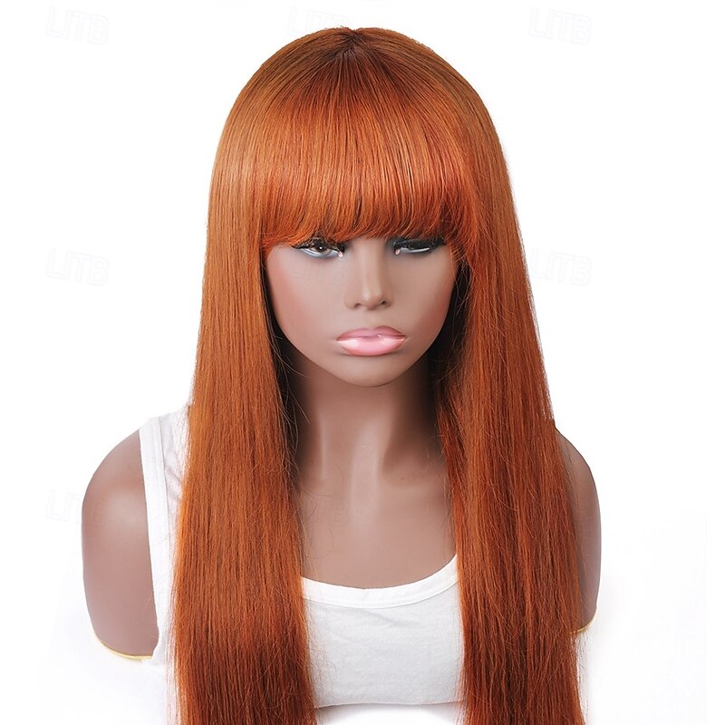Ginger# Full mechanism wig Human hair wig Orange straight hair wig3