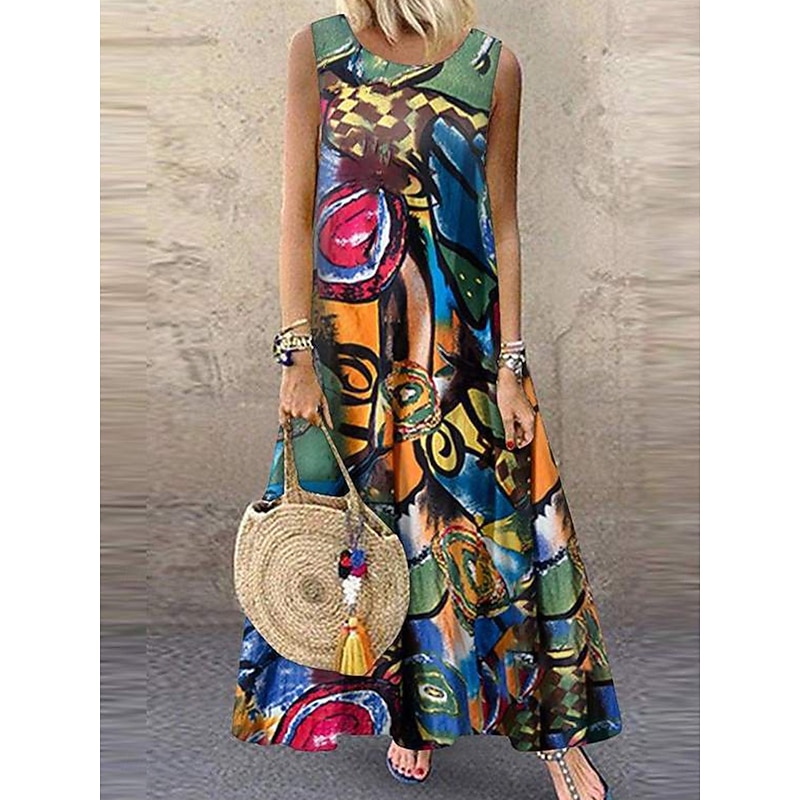 Women's Normal Maxi Dress Cotton Linen Dress Boho Dress Elegant Vintage Beach Regular Fit Graphic Sleeveless Crew Neck Red Green Summer