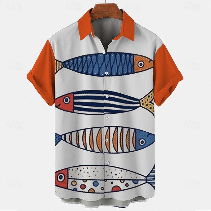 Men's Fish Casual Shirt Button Up Shirt Short Sleeve Fashion Casual Casual Summer Spring Turndown Button Up Blue Orange4