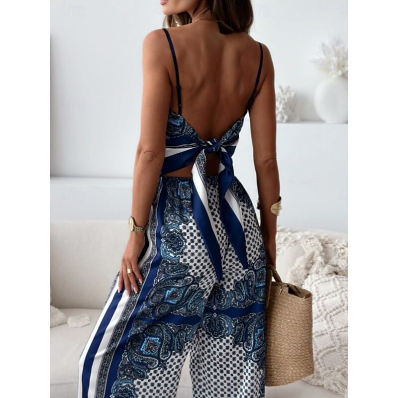 Women's Fashion Streetwear Daily Camisole Wide Leg Pants Sleeveless Strap Floral Backless Print Casual Daily Black Navy Blue Sky Blue Summer Regular Fit2