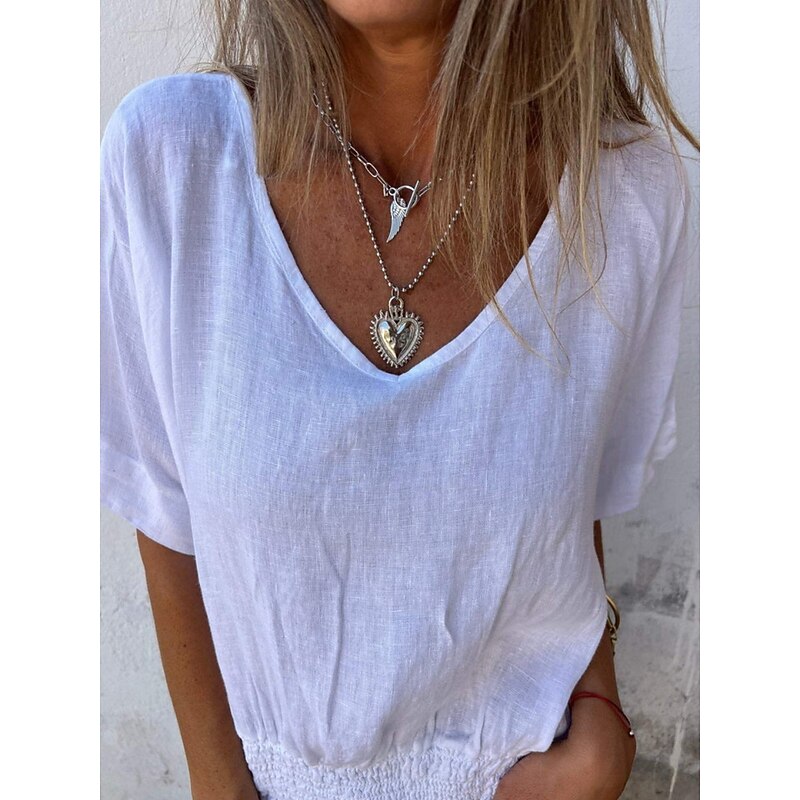 Women's Shirt Blouse Cotton Linen Shirts Solid Color Basic Casual Short Sleeve V Neck Regular Tops Daily Ruched White Brown Beige Summer Spring4