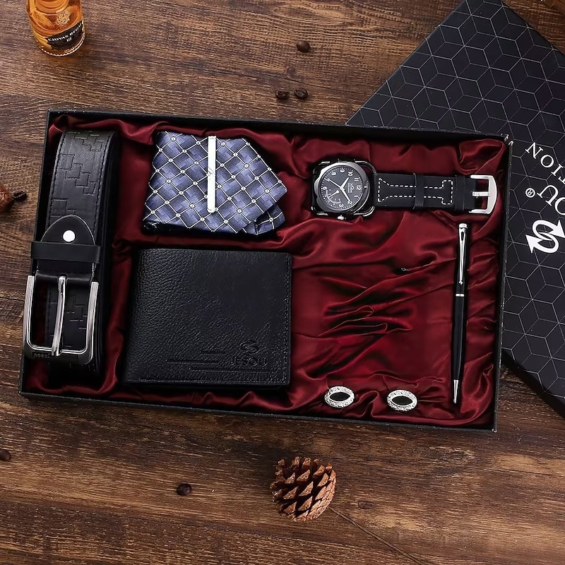 6 Pcs/Set Men's Gift Set with Box Leather Belt Wallet Tie Cufflinks Watch Pen Gifts for Men2