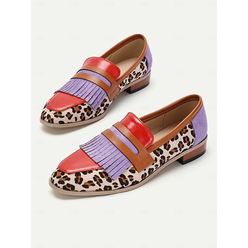 Women's Multicolor Leopard Print Loafers with Fringe Detail, Faux Leather and Suede Casual Flats for Retro and Statement Looks