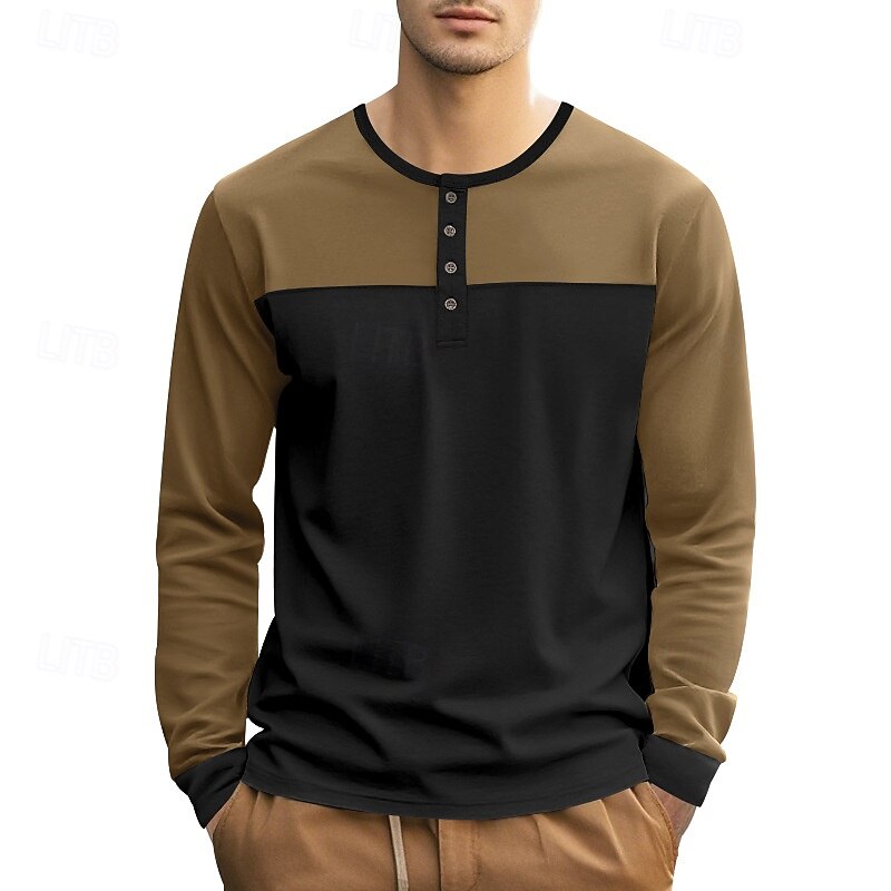 Men's T Shirt Henley Shirt Henley Top Long Sleeve Solid Color Vintage Casual Patchwork Henley Outdoor Causal Casual Spring Fall Spring &  Fall Black Green Light Blue Henley T-Shirt4