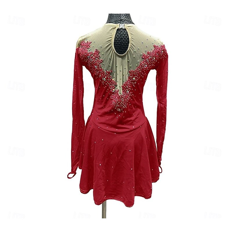 Figure Skating Dress Women's Girls' Ice Skating Dress Red Purple Green Patchwork Thumbhole Mesh Spandex Stretchy Training Practice Professional Skating Wear Crystal / Rhinestone Long Sleeve Figure2