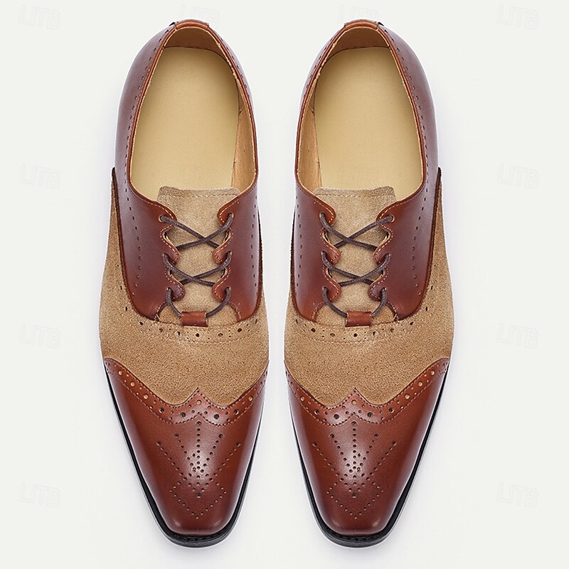 Men's Premium Cowhide Leather and Suede Wingtip Oxford Shoes, Lace-Up Brogue Design, Stylish Formal Shoes for Business, Weddings, and Special Occasions4