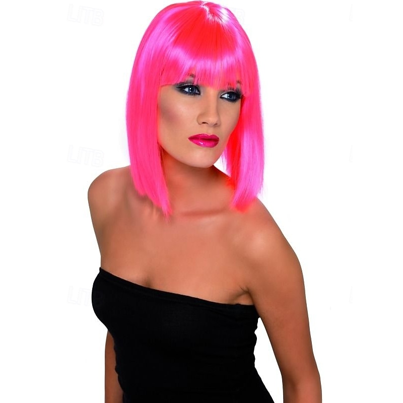 Neon Pink 80's Fancy Dress Wig for Women Glam Fringe Hairpiece Costume for Carnival Party Festival Halloween