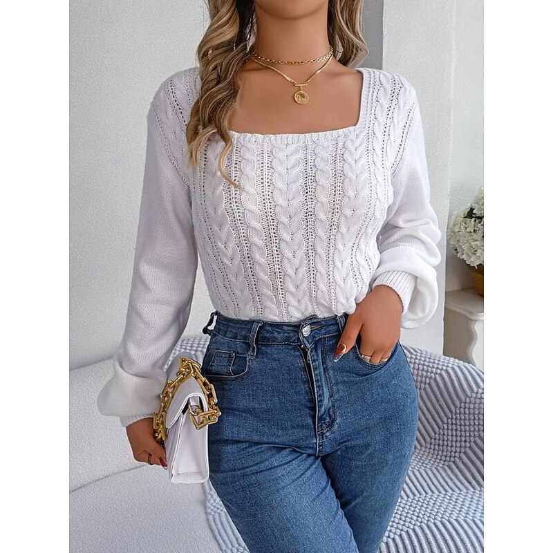 Women's Sweater Casual Soft Pure Color Cable Square Neck Knitted Long Sleeve Regular Tops Knit Outdoor Daily Weekend White Wine Fall Winter4