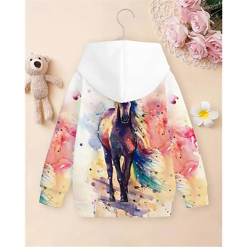 Girls' 3D Graphic Horse Hoodie Long Sleeve Spring Fall Fashion Streetwear Kids 4-12 Years Hooded Outdoor Casual Daily Regular Fit2