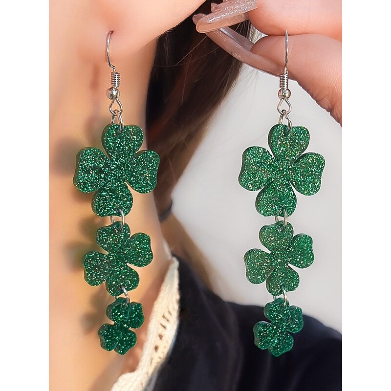 Glitter Shamrock Drop Earrings – Festive St. Patrick's Day Jewelry for Women, Lightweight Dangle Design for Celebrations and Everyday Wear