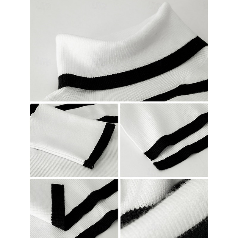 Women's Sweater Casual Soft Striped Ribbed Turtleneck Knitted Long Sleeve Regular Tops Knit Outdoor Daily Weekend White Brown Fall Winter2