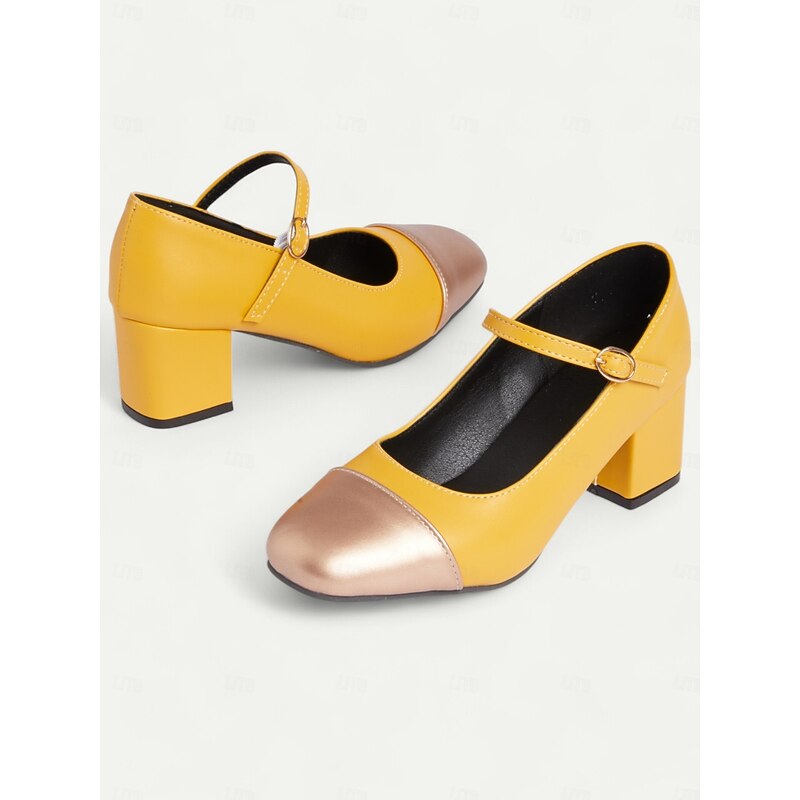 Women's Yellow Mary Jane Pumps with Metallic Toe Cap and Block Heels, Retro Style Comfortable Shoes for Office, Parties, and Casual Wear2