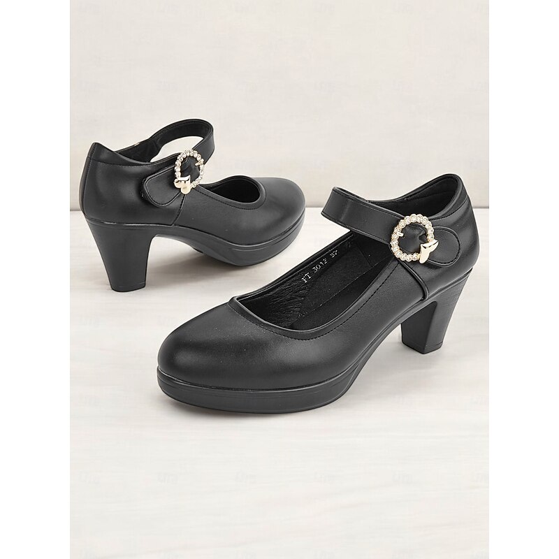 Women's Black Mary Jane Pumps with Rhinestone Buckle and Chunky Heel, Classic Style Comfortable Shoes for Office, Parties, and Daily Wear2