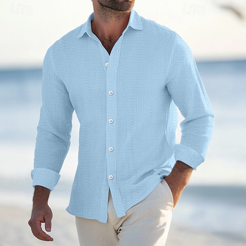 Men's Shirt Waffle Shirt Summer Shirt Casual Shirt Button Up Shirt Black White Blue khaki Long Sleeve Plain Lapel Vacation Daily Clothing Apparel Fashion Casual Comfortable
