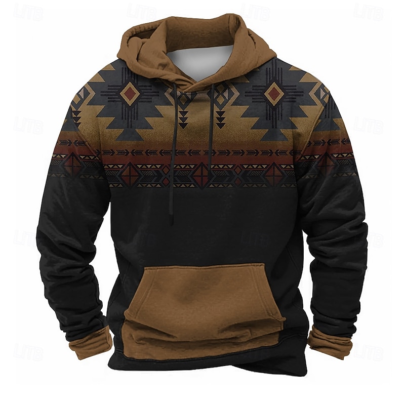 Men's Aztec Hoodies Sweatshirt Ethnic Cowboy Long Sleeve Crew Neck Holiday Streetwear Brown Drawstring Fall Winter Designer
