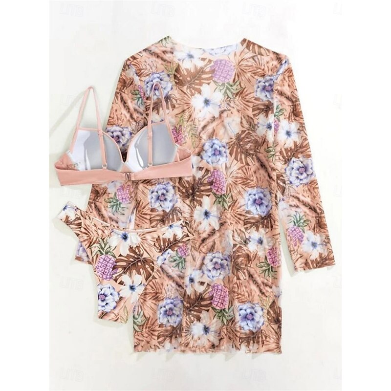 Women's Swimwear Bikini Three Piece Cheeky Swimsuit Backless Slim Vacation Beach Wear Floral V Neck Long Sleeve Bathing Suits4