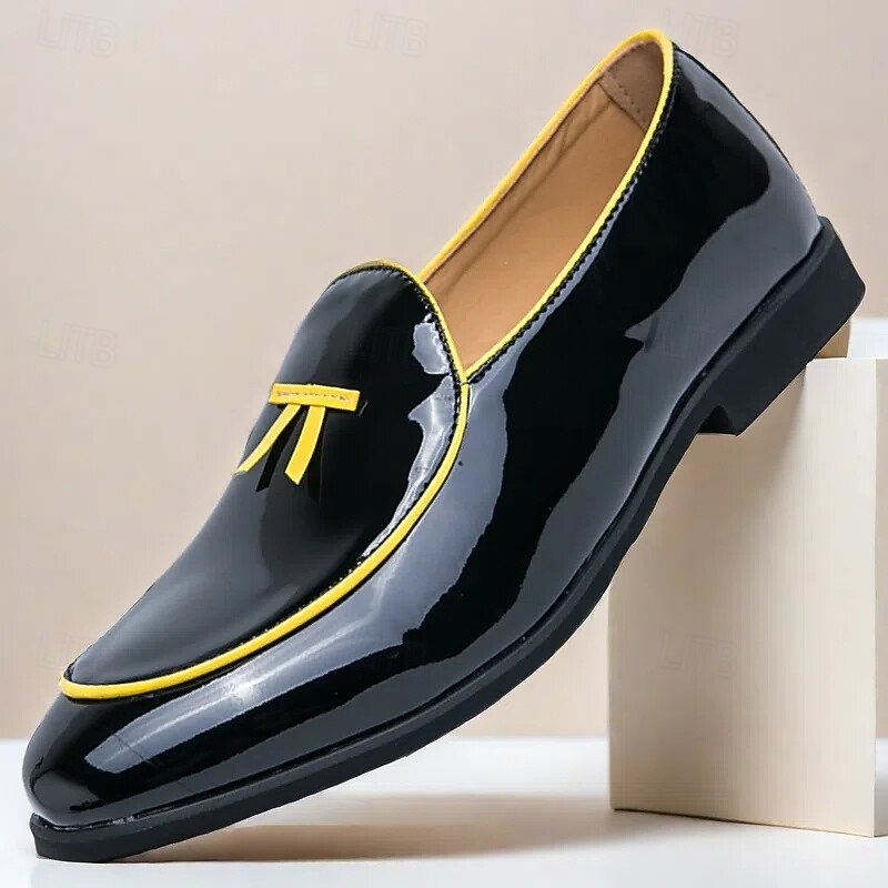 Men's Black Patent Faux Leather Loafers with Yellow Trim and Tassel Detail - Stylish Slip-On Shoes for Wedding, Formal Events and Parties