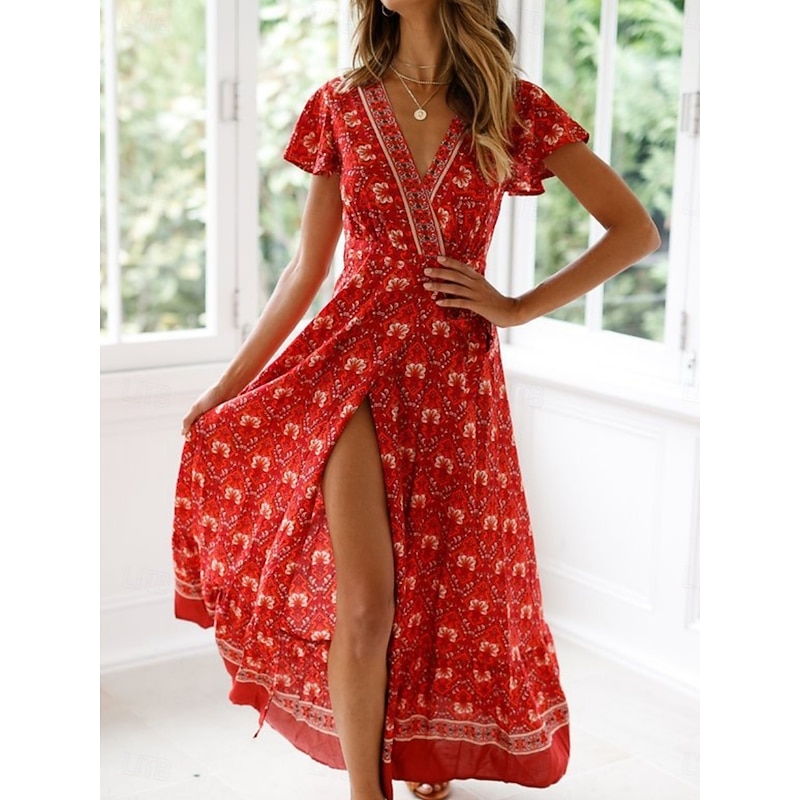 Women's Maxi Dress Casual Dress A Line Dress Boho Dress Bohemia Vintage Casual Vacation Daily Regular Fit Floral Short Sleeve V Neck Black Red Blue Spring Fall4