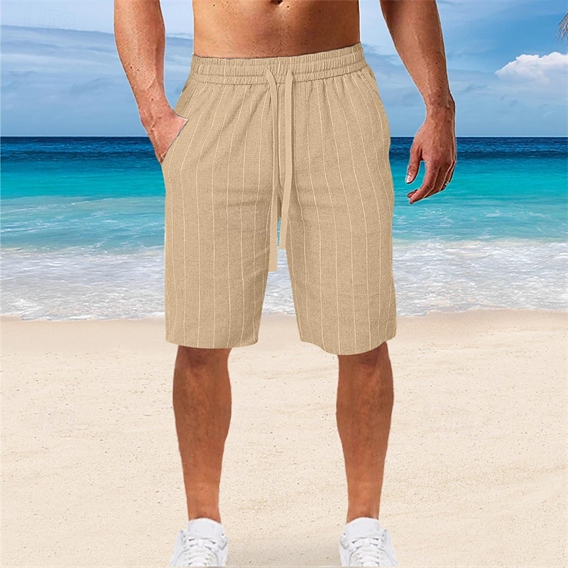 Men's Shorts Linen Shorts Summer Shorts Beach Shorts Pocket Drawstring Elastic Waist Stripe Comfort Breathable Knee Length Outdoor Holiday Beach Vacation Casual Black White3