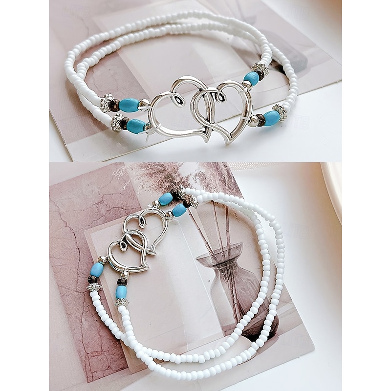 Bohemian Double Heart Beaded Anklet for Women, Handmade Beach Jewelry with Turquoise and White Beads, Perfect for Summer, Vacations and Gifts4