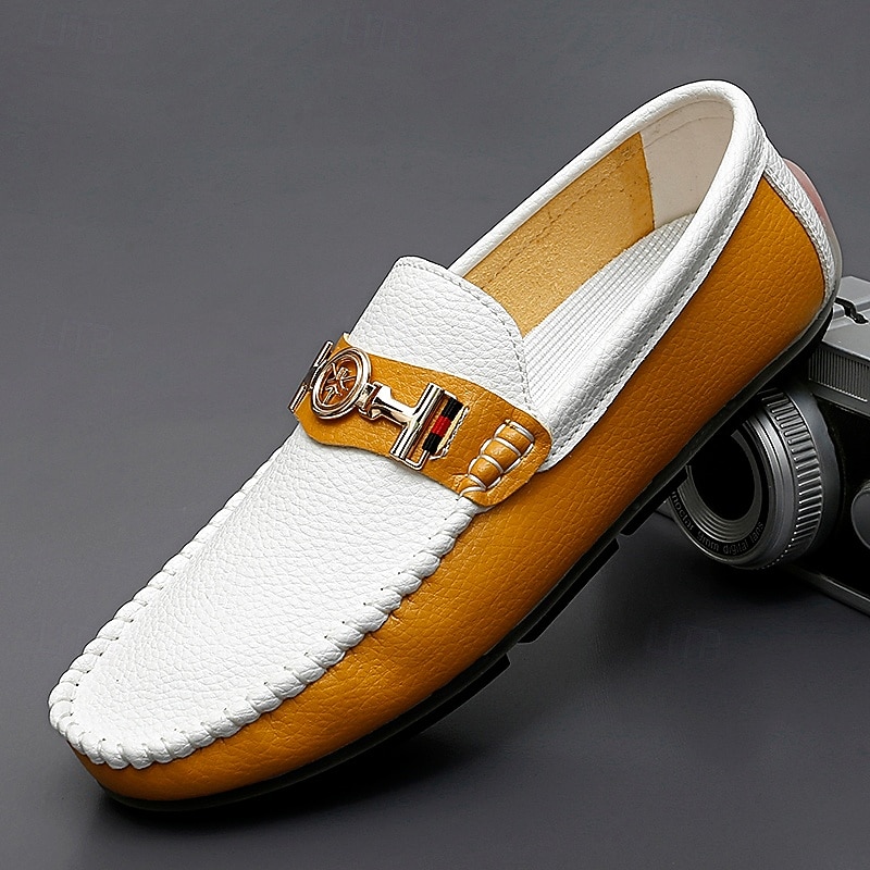 Men's White and Yellow Faux Leather  Loafers with Gold Buckle – Stylish Casual Slip-On Shoes for Driving, Parties, and Daily Wear