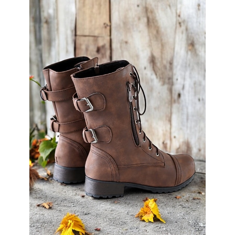 Versatile Brown Leather Lace-Up Boots with Military Flair for Women - Perfect for Fall and Winter Everyday Wear2