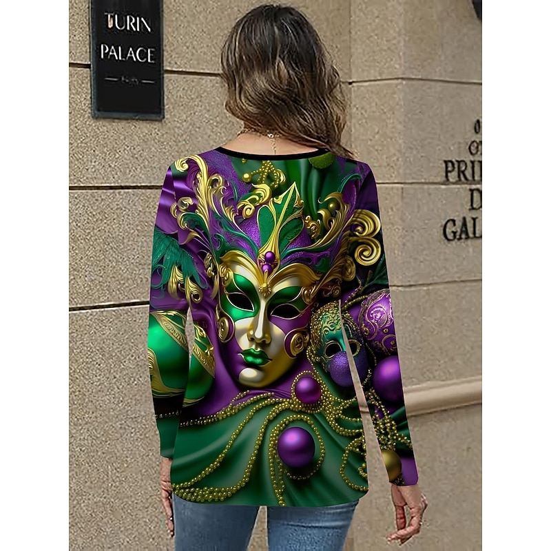Mardi Gras Women's T shirt Long Sleeve Tee Graphic Casual Long Sleeve V Neck Regular Tops Daily Cut Out Print Purple Green Spring Fall Prefall3