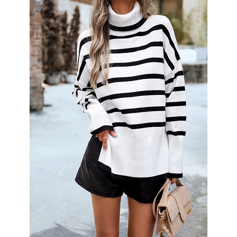 Women's Sweater Casual Soft Striped Ribbed Turtleneck Knitted Long Sleeve Regular Tops Knit Outdoor Daily Weekend White Brown Fall Winter4